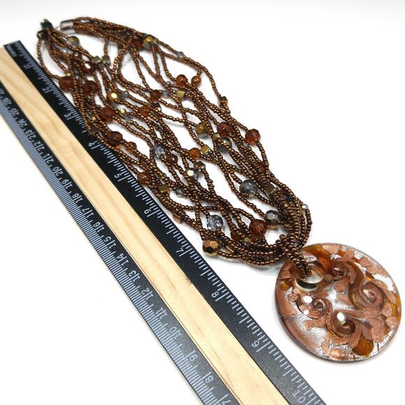 Murano Glass Pendant Beaded Necklace, Bronze Copper Glass, Seed Beads - Picture 9 of 10